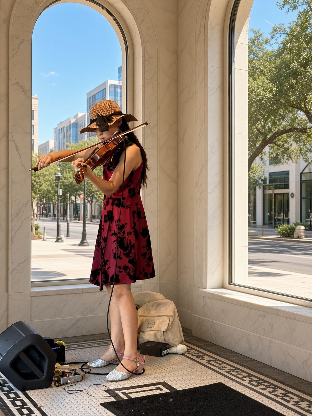 Victoria playing violin outdoors for a restaurant
