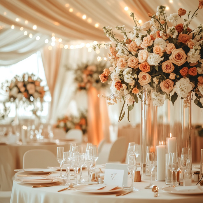 Candlelit wedding reception table with peach and ivory roses